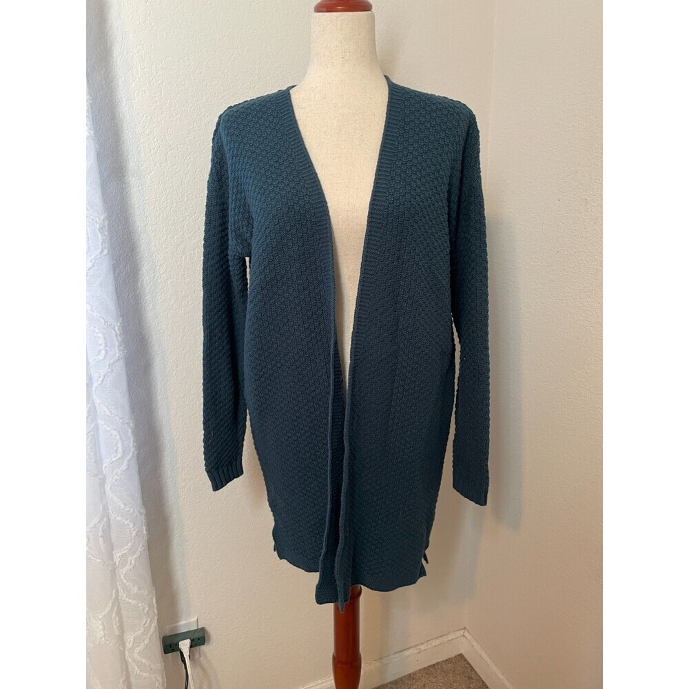 Leo & Nicole Womens Dark Teal Textured Open Front Longline Cardigan Size L